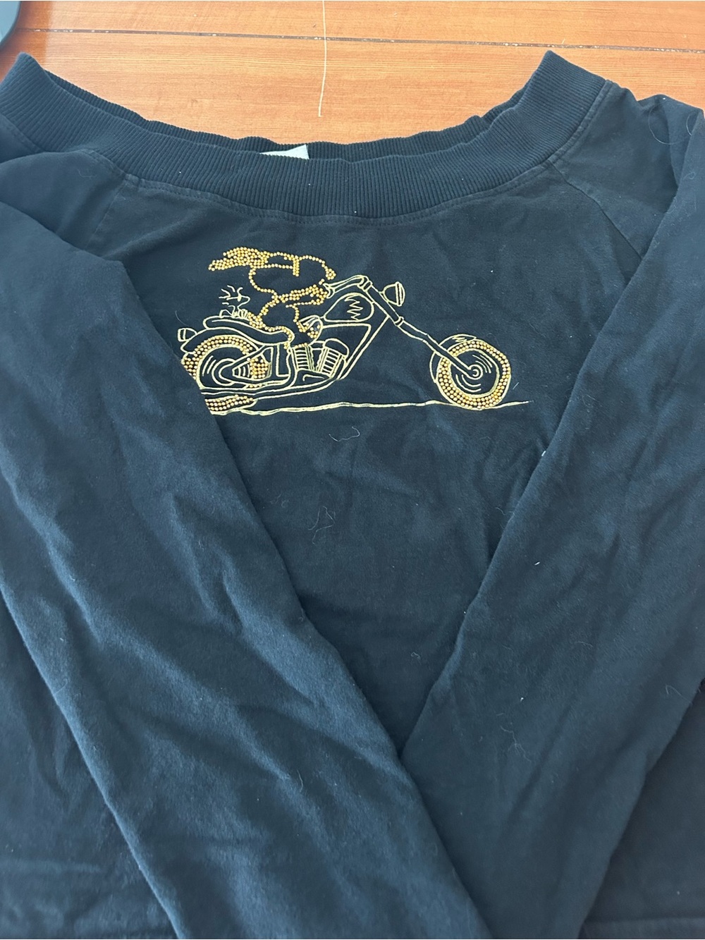 Black snoopy Sweatshirt with Gold Motorcycle Embroidery